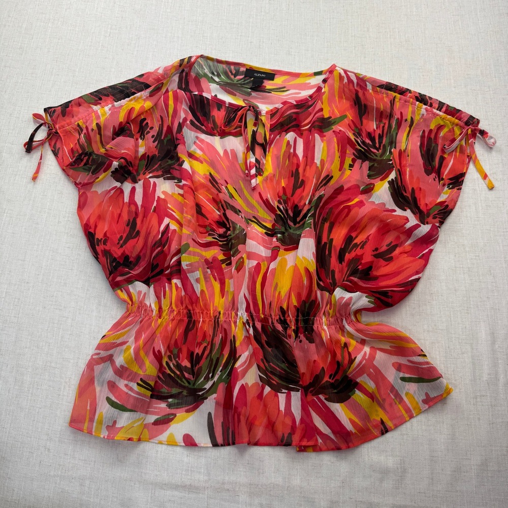 Alfani Floral Blouse Womens Size 6 Sm Pink Orange Smocked Waist Boho Summer Top